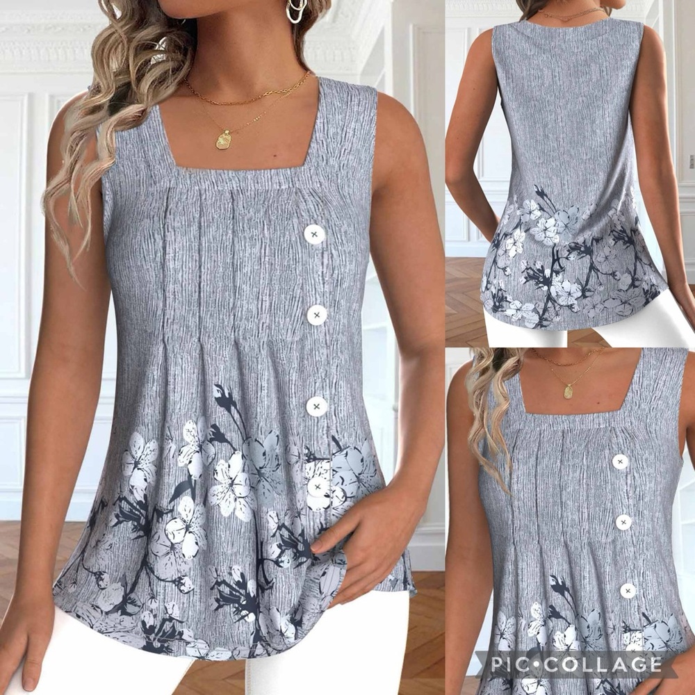 NEW! Modlily Marled Gray/Blue Floral Print Button Detail Square Neck Tank Top